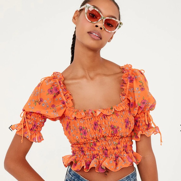 For Love & Lemons Peony Smocked Top In Bright Tangerine